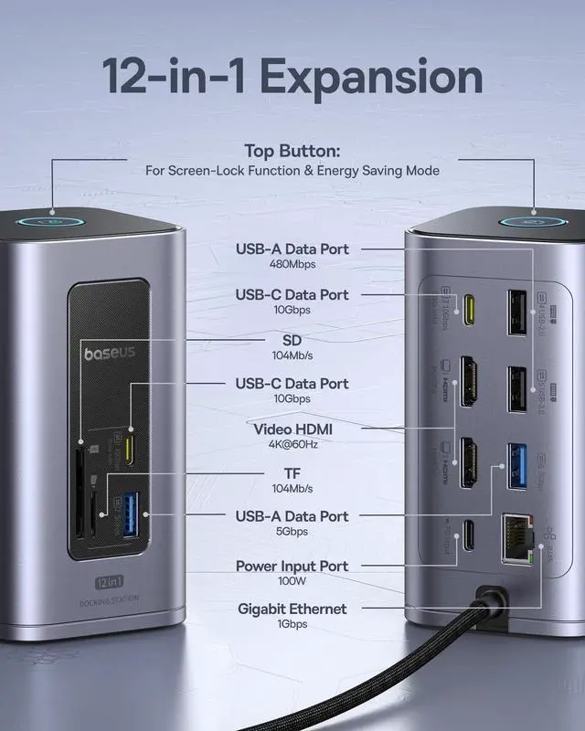 Alt view image 3 of 5 - Baseus Docking Station Dual Monitor, Nomos Win Air(12 in 1) Laptop Dock, 2*4K HDMI, 10Gbps USB Ports, 1Gbps Ethernet, PD 100W(No Power Adapter), USB C Docking Station for Dell/HP/Lenovo/Asus/Acer/Mac