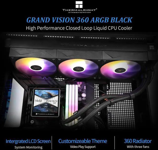 Alt view image 3 of 5 - Thermalright Grand Vision 360 ARGB Black CPU Water Cooler with 3 PWM Fans with 2150RPM,IPS LCD Screen with 480x480 Resolution,Liquid CPU Cooler for AM5;Intel LGA1700/1851,3.4-inch LCD Display