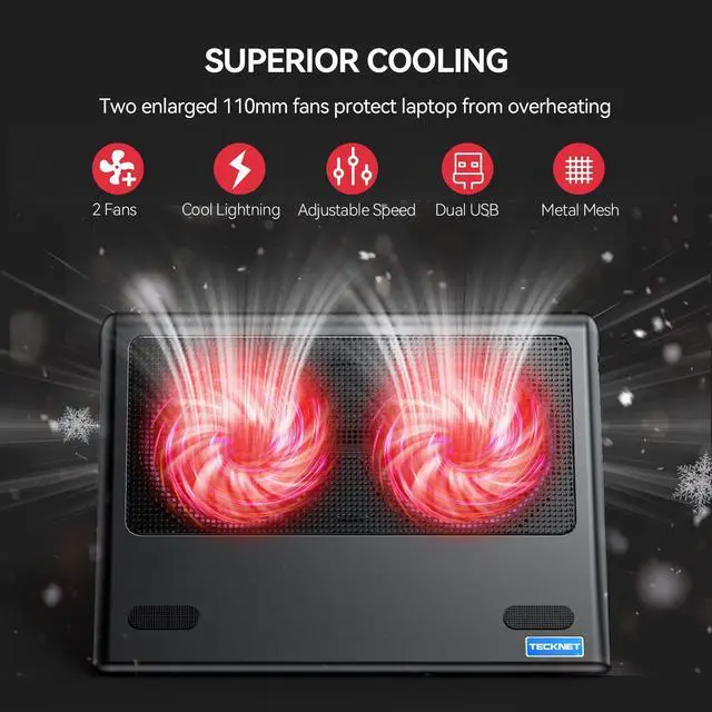 Alt view image 2 of 5 - TECKNET Laptop Cooling Pad, 12"-15.6" Laptop Cooler, Gaming Laptop Cooling Stand, Wind Speed Adjustable, 2 USB Powered Laptop Fan Cooling Pad for Laptop Within 16 Inch (Red)