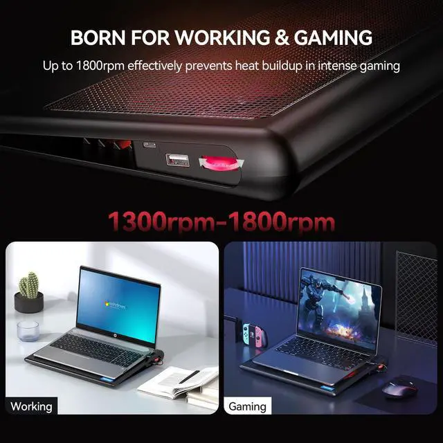 Alt view image 3 of 5 - TECKNET Laptop Cooling Pad, 12"-15.6" Laptop Cooler, Gaming Laptop Cooling Stand, Wind Speed Adjustable, 2 USB Powered Laptop Fan Cooling Pad for Laptop Within 16 Inch (Red)
