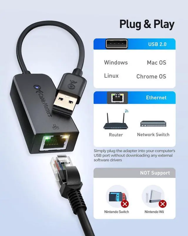 Alt view image 5 of 5 - Cable Matters USB to Ethernet Adapter Supporting 10/100 Mbps Ethernet Network in Black & Portable USB C to Ethernet Adapter Gigabit, Foldable Ethernet to USB C