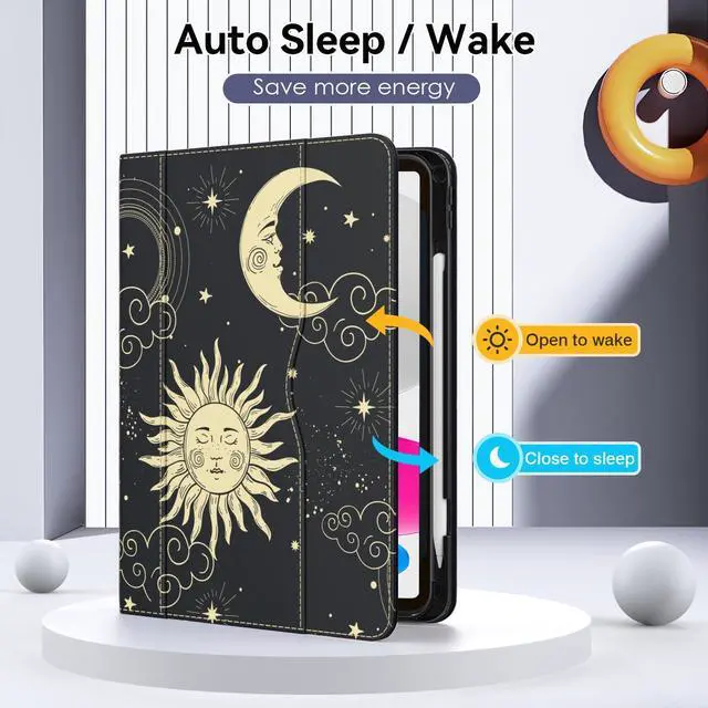 Alt view image 3 of 5 - OKP Case for iPad 11-inch (A16) 2025 / 10th Generation 2022, for ipad 11th /10th 10.9 inch with Multi-Angle Viewing PU Leather Stand Cover with Pencil Holder & Pocket, Auto Sleep/Wake, Black Sun Moon