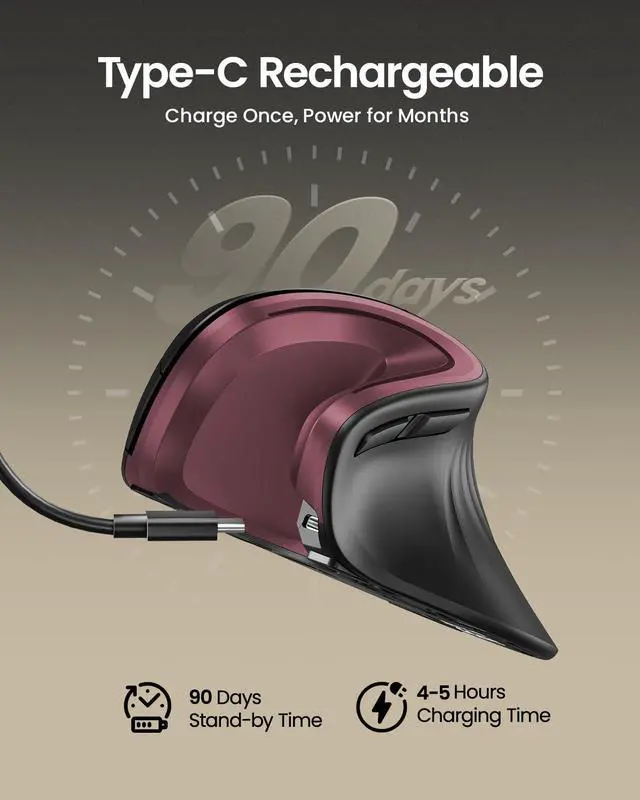 Alt view image 2 of 5 - ProtoArc Ergonomic Vertical Mouse, EM11 NL Rechargeable Wireless Mouse Bluetooth, Ergo Mice with 3 Multi-Device for PC/Notebook/Laptop, 2.4GHz Optical Mice for Windows, Mac OS, Wine Red