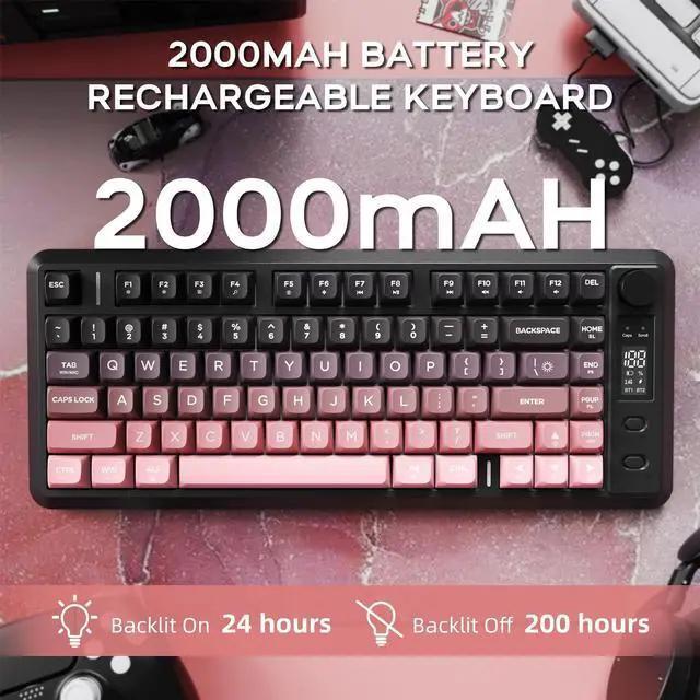 Alt view image 5 of 5 - FREEWOLF M75 Wireless Membrane Gaming Keyboard Mechanical Feel with Knob & OLED Display Bluetooth/2.4Ghz Rainbow Backlit Gradient PBT Keycaps 2000mAH Battery Anti-Ghosting-Pink