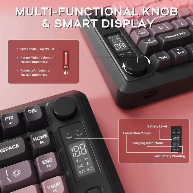 Alt view image 4 of 5 - FREEWOLF M75 Wireless Membrane Gaming Keyboard Mechanical Feel with Knob & OLED Display Bluetooth/2.4Ghz Rainbow Backlit Gradient PBT Keycaps 2000mAH Battery Anti-Ghosting-Pink