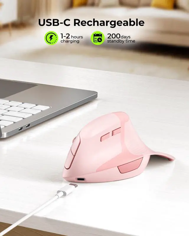 Alt view image 3 of 5 - seenda Ergonomic Mouse Rechargeable, 2.4G USB & Type C Vertical Wireless Ergo Mouse with Instant Desktop Return Key, Quiet Click, Palm Rest, Anti-Slip Optical Mice for Mac OS, Windows, Pink