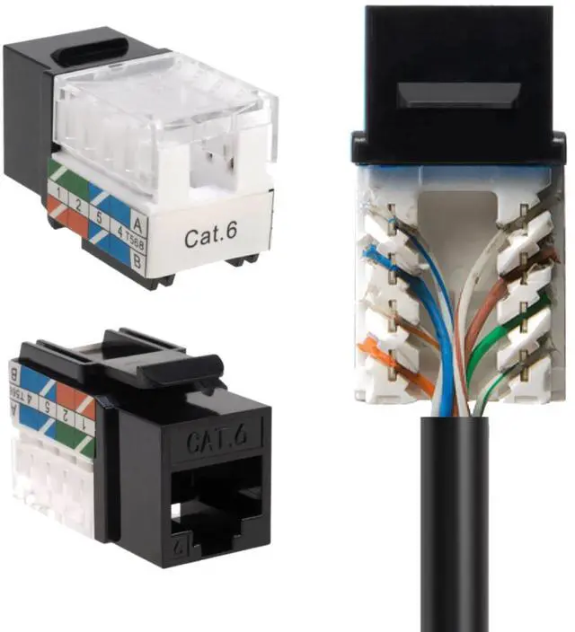 Main image of SATMAXIMUM Cat6 Keystone Ethernet Wall Jack Punch Down UTP 45-Degree (Easier Termination Than 90-Degree), RJ45 Slim Profile Speed Termination 45deg Angled Black (20 Pack)