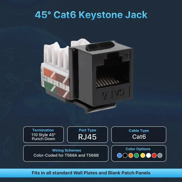 Alt view image 2 of 5 - SATMAXIMUM Cat6 Keystone Ethernet Wall Jack Punch Down UTP 45-Degree (Easier Termination Than 90-Degree), RJ45 Slim Profile Speed Termination 45deg Angled Black (20 Pack)