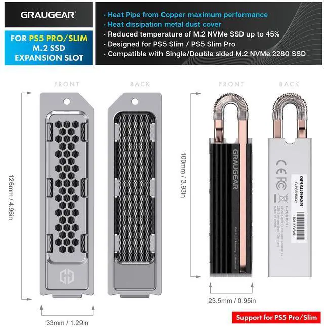 Alt view image 2 of 5 - GRAUGEAR PS5 Pro/Slim SSD Heatsink Cover Set, Metal Heat Dissipation Cover, Copper Heat Pipe and Aluminum Fin for PS5 SSD Storage
