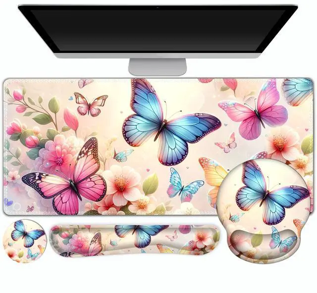 Main image of Gaming Mouse Pad, Large Desk Mat, Cute Desk Pad Protector, 4in1 XXL Mousepad + Keyboard Wrist Rest+Mouse Wrist Rest+Coaster Set with Ergonomic Desk Pad for Home Office PC Computer, Butterflies Flowers