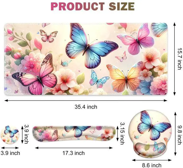 Alt view image 3 of 5 - Gaming Mouse Pad, Large Desk Mat, Cute Desk Pad Protector, 4in1 XXL Mousepad + Keyboard Wrist Rest+Mouse Wrist Rest+Coaster Set with Ergonomic Desk Pad for Home Office PC Computer, Butterflies Flowers