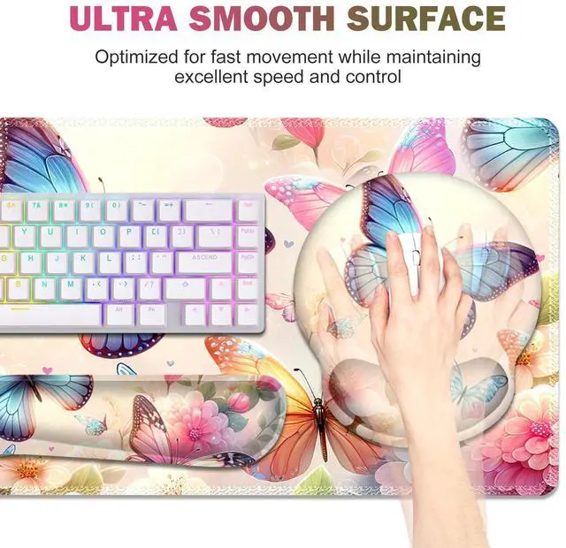 Alt view image 5 of 5 - Gaming Mouse Pad, Large Desk Mat, Cute Desk Pad Protector, 4in1 XXL Mousepad + Keyboard Wrist Rest+Mouse Wrist Rest+Coaster Set with Ergonomic Desk Pad for Home Office PC Computer, Butterflies Flowers