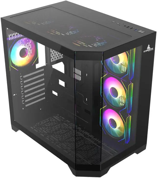 Alt view image 2 of 5 - PC Gaming ATX Case Iceberg Crystal Edge Full Panoramic View Three Sides Tempered Glass Window with Seven high-Performance Fans aRGB (Black)
