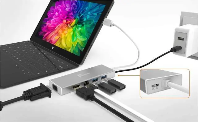 Alt view image 3 of 5 - j5create USB A Hub with HDMI, VGA, Ethernet + USB C to USB Type-A Adapter (JUD380 + JUCX15X2)