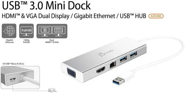 Alt view image 2 of 5 - j5create USB A Hub with HDMI, VGA, Ethernet + USB C to USB Type-A Adapter (JUD380 + JUCX15X2)