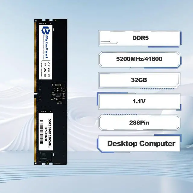 Alt view image 3 of 5 - ByteFest DDR5 RAM 32GB 5200MHz PC5-41600 CL42 UDIMM 1.1V 288 Pin Compatible Desktop Computer Upgrade Memory Module RAM