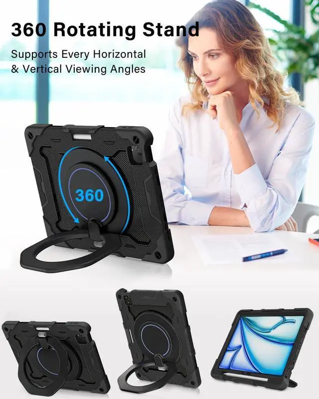 Alt view image 2 of 5 - ROISKIN for iPad Air 11 inch Case (M3 2025/M2 2024)/ Air 6th Generation for Kids with HD Screen Protector, 360 Rotating Kickstand, Shoulder Strap, Pen Holder, Heavy Duty Military Case for iPad Air 11