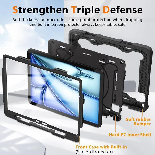 Alt view image 4 of 5 - ROISKIN for iPad Air 11 inch Case (M3 2025/M2 2024)/ Air 6th Generation for Kids with HD Screen Protector, 360 Rotating Kickstand, Shoulder Strap, Pen Holder, Heavy Duty Military Case for iPad Air 11