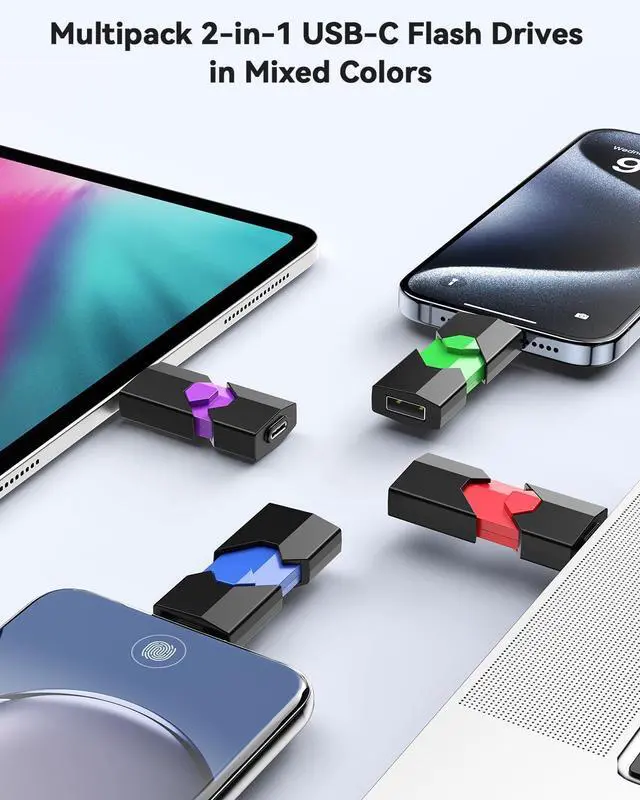 Alt view image 5 of 5 - Aiibe 64GB USB C Flash Drive 5 Pack Type C + USB-A Dual Thumb Drive USB2.0 Memory Stick 64GB Flash Drives Push-Pull Portable Stick 64 GB (5 Pack, Black Green Red Blue Purple)