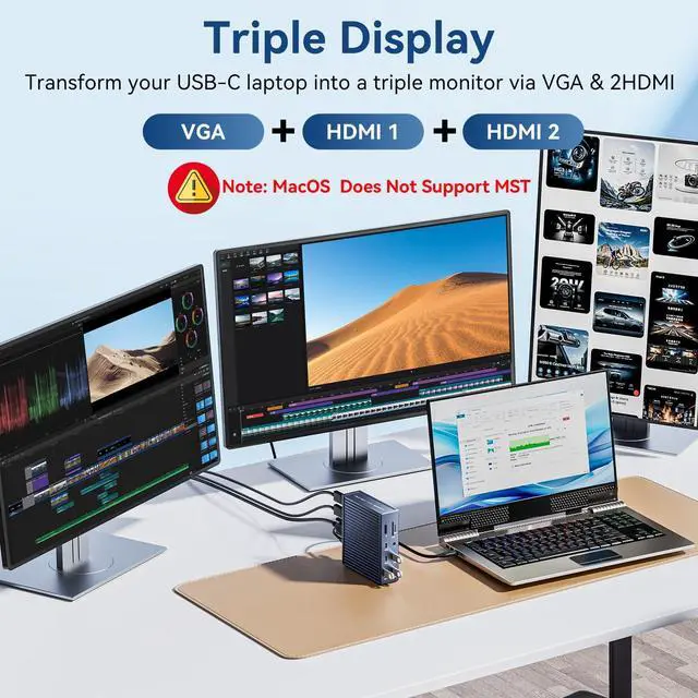 Alt view image 3 of 5 - ANYOYO USB C Docking Station Dual Monitor Laptop Docking Station 16-IN-1with 2*HDMI 4K60+VGA1080P+2*USB C10Gbps+SD/TF+Audio+PD100W USB C Hub Multiport Adapter for MacBook/Dell/Lenovo/HP(Light Gray)