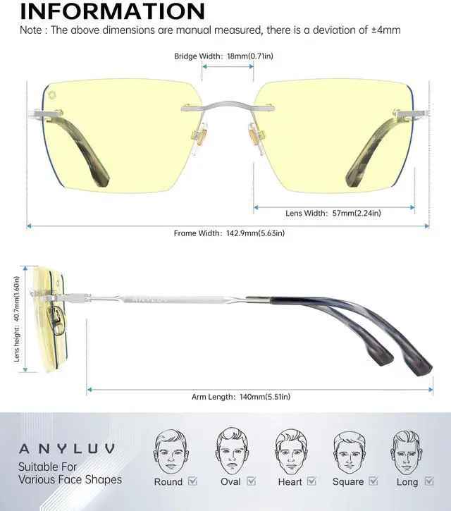 Alt view image 4 of 5 - ANYLUV Rimless Blue Light Blocking Glasses Men Women, Lightweight Computer Reading Glasses, Anti Eyestrain Gaming Glasses