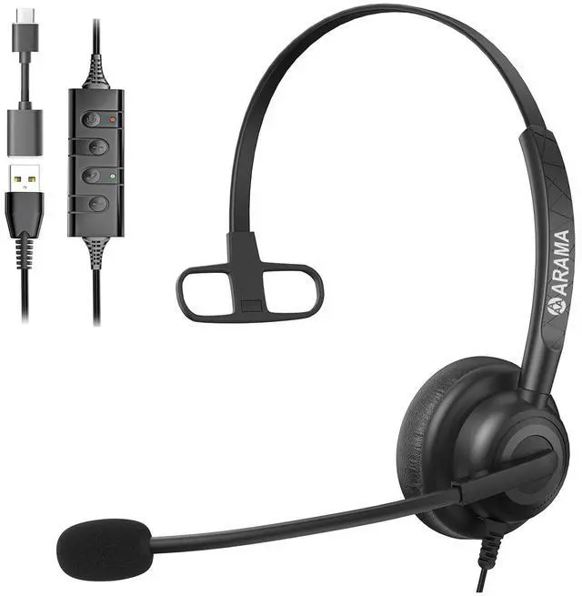 Main image of Arama USB Headset with Mic for PC, Noise Cancelling, Computer Headset, Volume Control, 63.6 Inches, Wired One-Ear, for Home Office Call Center Online Class Skype Zoom (USB A+USB C, Black)