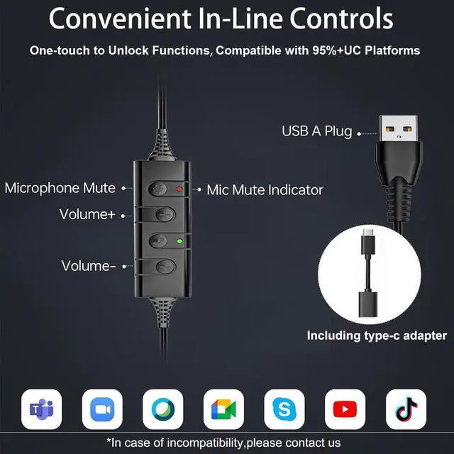 Alt view image 5 of 5 - Arama USB Headset with Mic for PC, Noise Cancelling, Computer Headset, Volume Control, 63.6 Inches, Wired One-Ear, for Home Office Call Center Online Class Skype Zoom (USB A+USB C, Black)