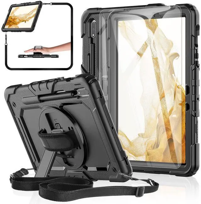 Main image of BASE MALL Case for Samsung Galaxy Tab S8/S7 11-inch 5G Tablet Case 2022/2020, [with Tempered Glass Screen Protector],360deg Rotating Kickstand/Hand & Shoulder Strap/S Pen Holder (Black)