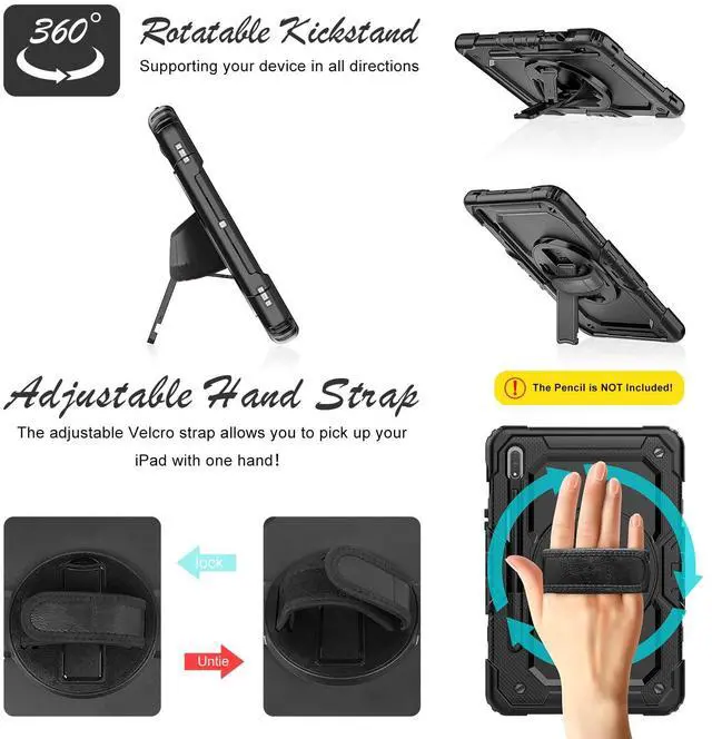 Alt view image 4 of 5 - BASE MALL Case for Samsung Galaxy Tab S8/S7 11-inch 5G Tablet Case 2022/2020, [with Tempered Glass Screen Protector],360deg Rotating Kickstand/Hand & Shoulder Strap/S Pen Holder (Black)