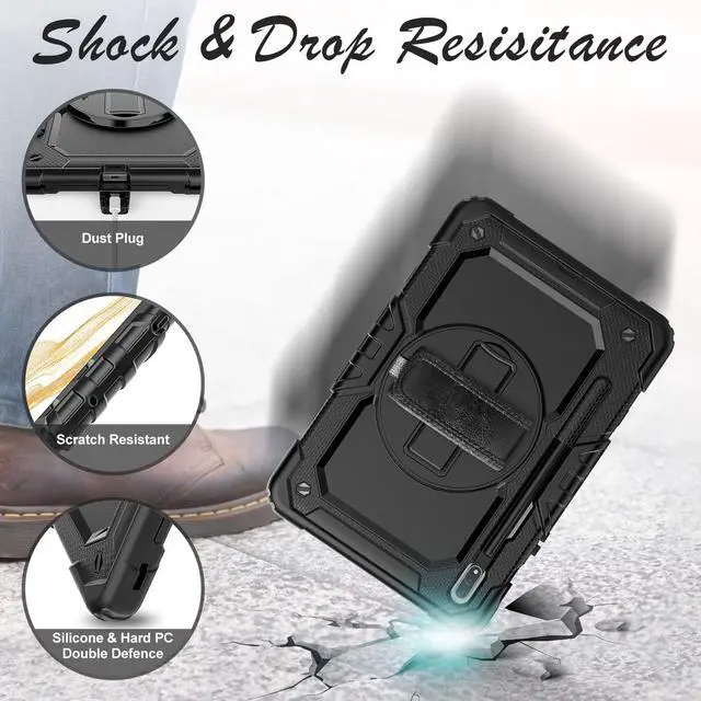 Alt view image 5 of 5 - BASE MALL Case for Samsung Galaxy Tab S8/S7 11-inch 5G Tablet Case 2022/2020, [with Tempered Glass Screen Protector],360deg Rotating Kickstand/Hand & Shoulder Strap/S Pen Holder (Black)