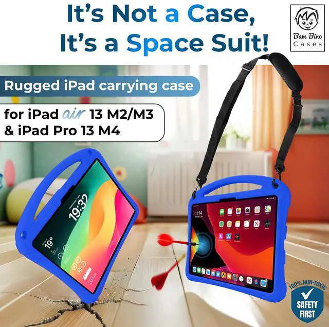 Alt view image 2 of 5 - Bam Bino Space Suit Rugged Kids Case for Apple iPad Pro 13 M4, iPad Air 13 M2/M3 (2024/2025) Case for Kids with Built-in Screen Protector, Handle, Stand, Pencil Holder, Shoulder Strap (Galactic Blue)