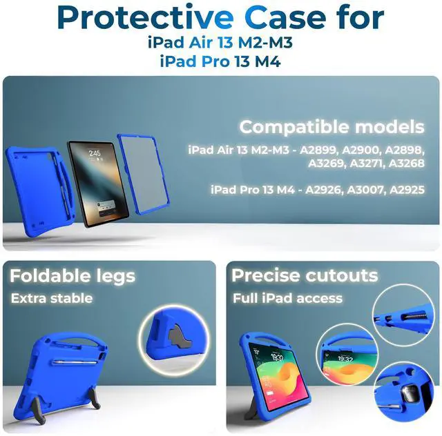 Alt view image 4 of 5 - Bam Bino Space Suit Rugged Kids Case for Apple iPad Pro 13 M4, iPad Air 13 M2/M3 (2024/2025) Case for Kids with Built-in Screen Protector, Handle, Stand, Pencil Holder, Shoulder Strap (Galactic Blue)