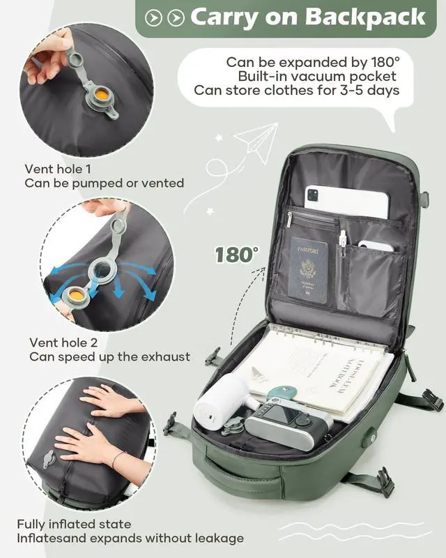 Alt view image 3 of 5 - bergsalz Vacuum Backpack Travel Laptop Backpacks For Women Men Carry On Backpack With Vacuum Compression Bags Seal Packing Personal Item Travel Bag Airback Backpacks Without Pump Olive Green