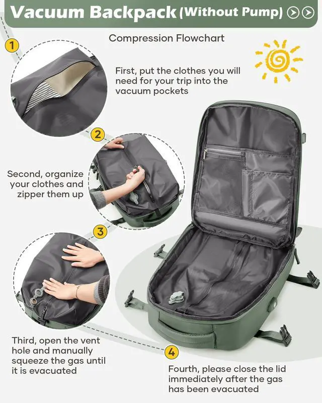 Alt view image 4 of 5 - bergsalz Vacuum Backpack Travel Laptop Backpacks For Women Men Carry On Backpack With Vacuum Compression Bags Seal Packing Personal Item Travel Bag Airback Backpacks Without Pump Olive Green