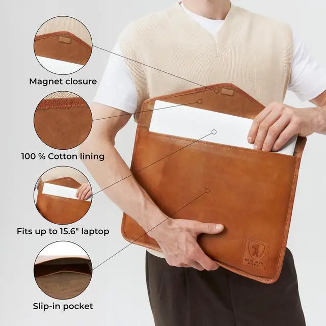 Alt view image 4 of 5 - Berliner Bags Vintage Genuine Leather Laptop Sleeve, Computer Cases, Notebook Cover - Brown (15.6 Inch)