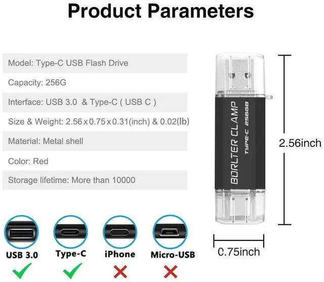 Alt view image 3 of 5 - 256GB USB 3.0 Type C Flash Drive Dual Port, BorlterClamp USB C OTG Memory Stick for Android Smartphones Samsung Galaxy S10/S9/S8/Note 9, LG, Google Pixel, PC (Black)