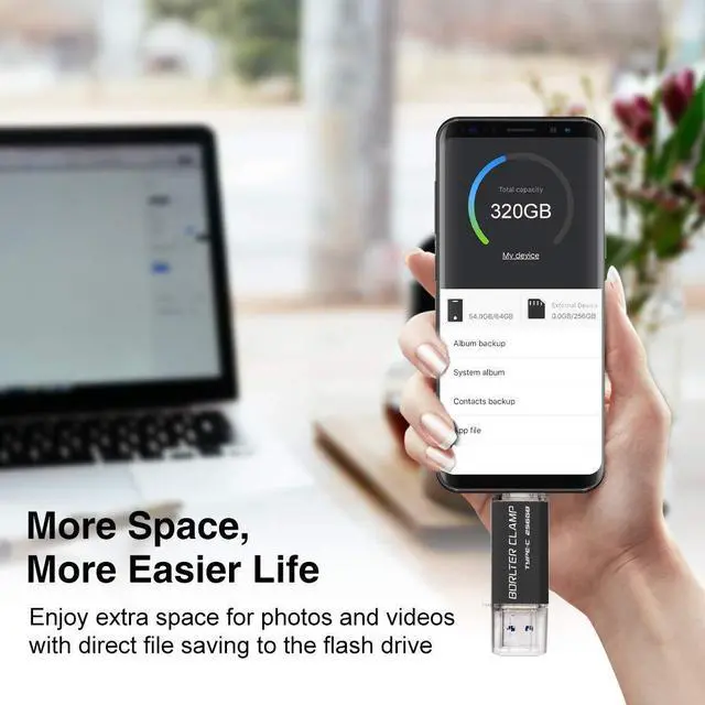 Alt view image 4 of 5 - 256GB USB 3.0 Type C Flash Drive Dual Port, BorlterClamp USB C OTG Memory Stick for Android Smartphones Samsung Galaxy S10/S9/S8/Note 9, LG, Google Pixel, PC (Black)