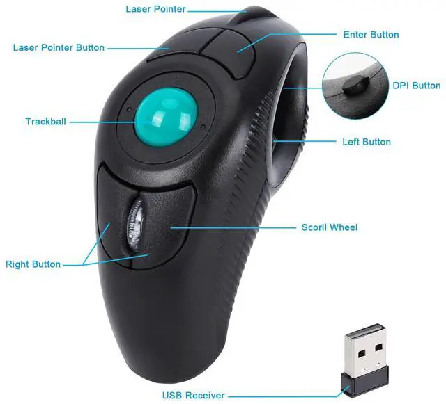 Alt view image 2 of 5 - welspo Wireless USB Handheld Finger Trackball Mouse with Laser Pointer