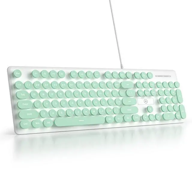 Main image of Mosptnspg Wired Quiet Membrane Keyboard,Full Size 104-Keys Retro Punk Typewriter White LED Backlit ,USB Ultra Slim Gaming Keyboard with ABS Round keycaps for Windows/PC/Laptop (Green)