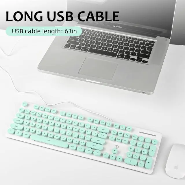 Alt view image 2 of 5 - Mosptnspg Wired Quiet Membrane Keyboard,Full Size 104-Keys Retro Punk Typewriter White LED Backlit ,USB Ultra Slim Gaming Keyboard with ABS Round keycaps for Windows/PC/Laptop (Green)