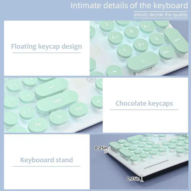 Alt view image 3 of 5 - Mosptnspg Wired Quiet Membrane Keyboard,Full Size 104-Keys Retro Punk Typewriter White LED Backlit ,USB Ultra Slim Gaming Keyboard with ABS Round keycaps for Windows/PC/Laptop (Green)