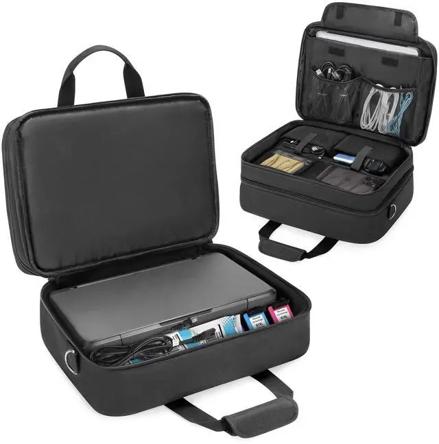 Main image of CURMIO Double Layer Printer Carrying Case Compatible with HP Tango/Tango X, OfficeJet 200/250, Wireless Mobile Printer Travel Bag with Luggage Strap and Pockets for 15.6 Laptop, Bag only