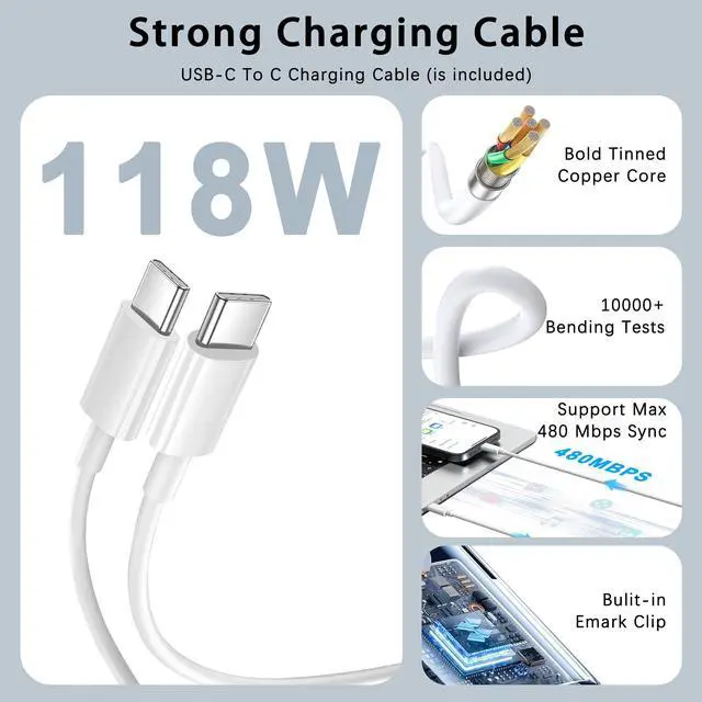 Alt view image 4 of 5 - Mac Book Pro Charger - 118W USB C Charger Fast Charger Compatible with USB c Port MacBook pro & MacBook Air, ipad Pro, All USB C Device, Type C to Type C Cable Power Adapter Included 6.6 ft