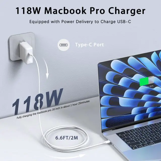 Alt view image 2 of 5 - Mac Book Pro Charger - 118W USB C Charger Fast Charger Compatible with USB c Port MacBook pro & MacBook Air, ipad Pro, All USB C Device, Type C to Type C Cable Power Adapter Included 6.6 ft