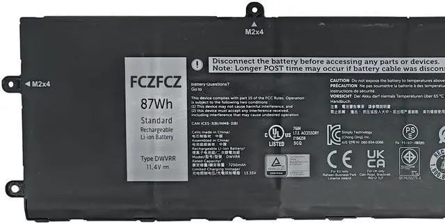 Alt view image 2 of 5 - FCZFCZ DWVRR Battery Replacement for Dell Alienware x15 R1 / Alienware x15 R2 / Alienware x17 R1 / Alienware x17 R2 / Inspiron 16 7620 2-in-1 Series 817GN 0017GN 0NR6MH 11.4V 87Wh 7250mAh 6-Cell