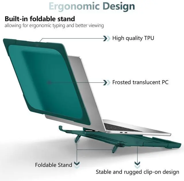 Alt view image 4 of 5 - DONGKE for MacBook Pro 13 inch Case 2023 2022 2021 2020 A2338 M2 M1 A2289 A2251 with Touch Bar & Touch ID, Heavy Duty Rugged Shockproof Plastic Hard Shell with Fold Kickstand, Teal