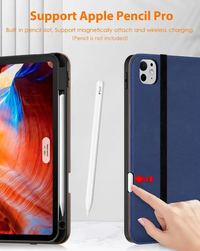 Alt view image 3 of 5 - DTTO for iPad Pro 11 inch case (M4) 2024, Premium Leather Business Folio Stand Cover with Pencil Holder - Auto Wake/Sleep and Multiple Viewing Angles, Navy Blue