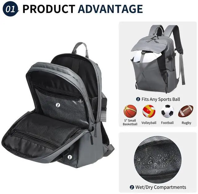 Alt view image 3 of 5 - DTGN Expandable Laptop Backpack for Men & Women - Business, Travel & Gym Bag with Ball Compartment, Water-Resistant, 40L Capacity, Gray