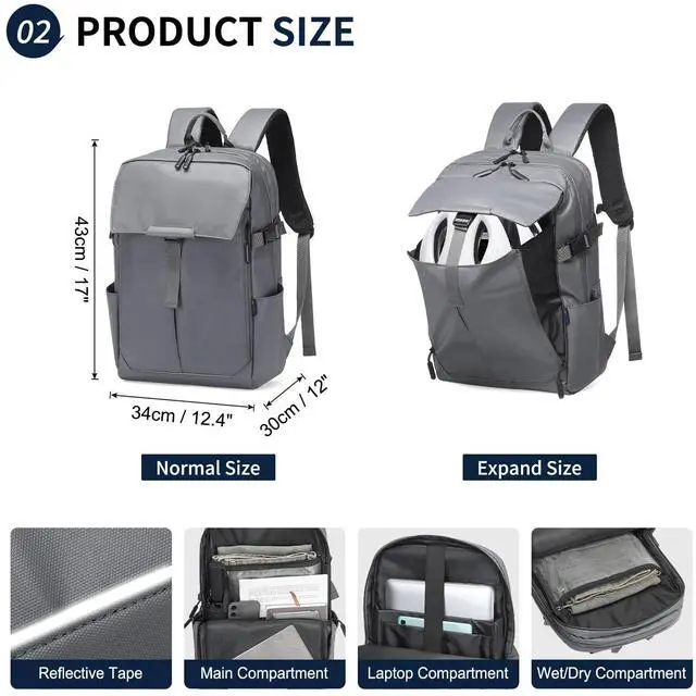 Alt view image 4 of 5 - DTGN Expandable Laptop Backpack for Men & Women - Business, Travel & Gym Bag with Ball Compartment, Water-Resistant, 40L Capacity, Gray