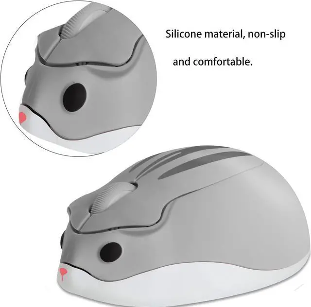 Alt view image 4 of 5 - elec Space Cute Animal Hamster Shape Wireless Mouse - Silent, 3-Button Design for Laptop & PC; Includes Random Color Cable Clip - Perfect Computer Mouse-Grey